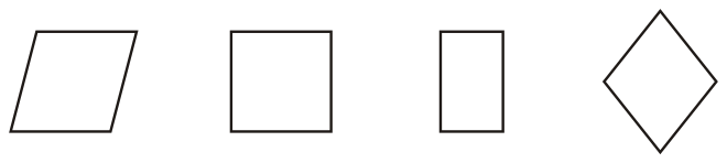 Four shapes in a row: a slanting parallelogram, a square, an upright rectangle and a rhombus standing on one corner
