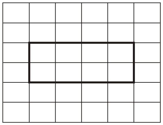 A grid of 6 by 6 small squares with a rectangle drawn in bold along the grid lines, 4 squares long and 2 squares high