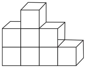 A solid built of unit cubes, one cube deep: a bottom row of four cubes, three cubes on top of the left three, and one cube on top of the second cube