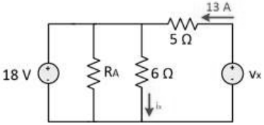 Circuit: an 18 V source, a resistor RA and a 6 ohm resistor (carrying current ix) in parallel on the left; a 5 ohm resistor carrying 13 A in the top wire to a voltage source Vx on the right