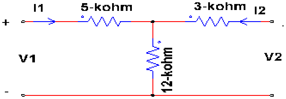 Two-port network: a 5 kilohm resistor in series with port 1, a 12 kilohm resistor shunt across the middle, and a 3 kilohm resistor in series with port 2, with V1, I1 at the input and V2, I2 at the output