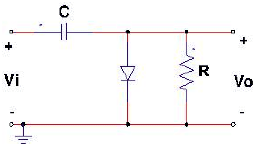 Clamper circuit: input Vi through a series capacitor C, a diode D across the output to the ground line, and a resistor R across the output Vo