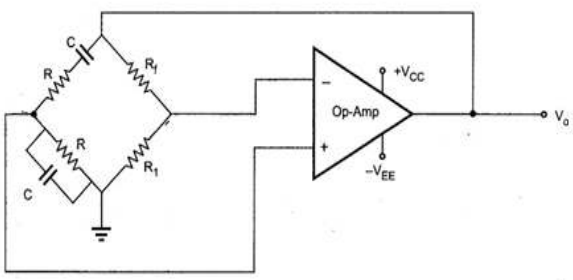 Wien bridge oscillator: an op-amp with a bridge of two R1 resistors and a series RC arm and a parallel RC arm, output Vo fed back to the bridge