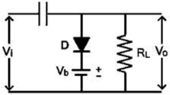 Clamper circuit: input Vi through a series capacitor C, a diode D in series with a battery Vb as the shunt branch, and load RL across the output Vo
