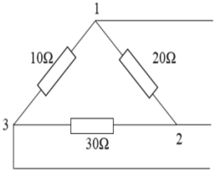 A delta connection of three resistors: 10 ohm between nodes 1 and 3, 20 ohm between nodes 1 and 2, and 30 ohm between nodes 3 and 2.
