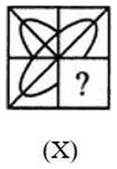 A square divided into four cells with crossing lines and leaf shapes, the last cell marked with a question mark