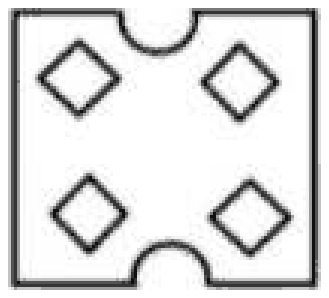 Square with four diamond-shaped holes, two in the upper half and two in the lower half, and a semicircular notch at the top and bottom edges