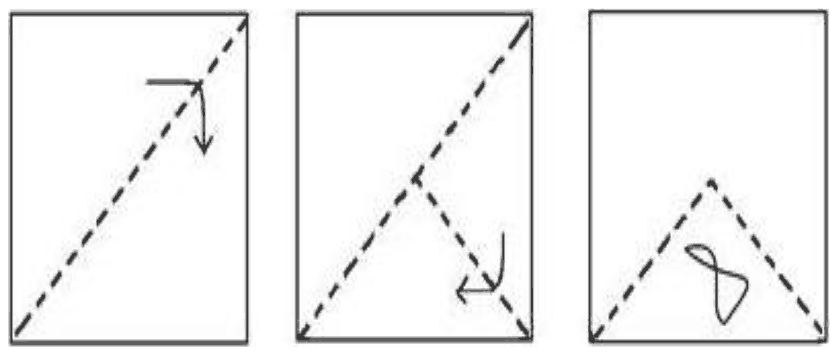 Paper folded twice along dashed lines and then cut with a bow-tie shaped hole