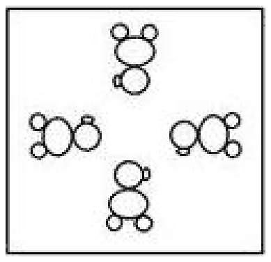Square with four small round figures with ears at the top, left, right and bottom, version three with the top figure upside down