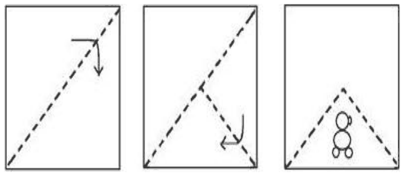 Paper folded twice along dashed lines and then cut with a small figure shaped hole