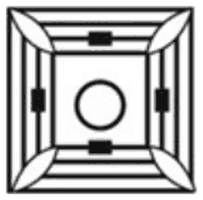 Concentric squares with leaf shapes in the corners, a small block on each side and a central circle