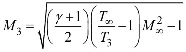 M3 equals the square root of ((gamma plus 1) over 2) times (T-infinity over T3 minus 1) times M-infinity squared, minus 1