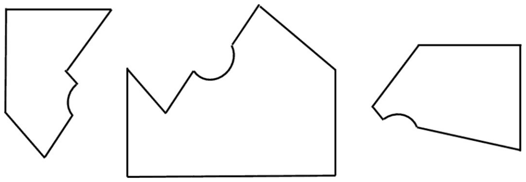 Set B: three flat pieces; the left piece, the large middle piece and the right piece each have a round notch in an edge