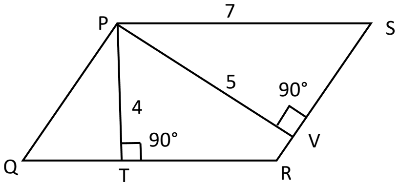 Parallelogram PQRS with PS = 7 along the top; PT = 4 is perpendicular from P to QR, and PV = 5 is perpendicular from P to RS, meeting it at V