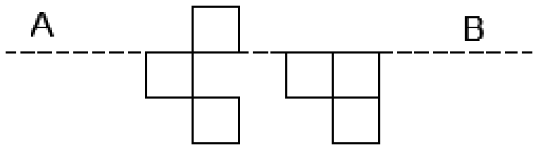 A dashed line AB with six unit squares: on the left, one square above the line and two below it in staggered positions; on the right, three squares below the line in an L shape