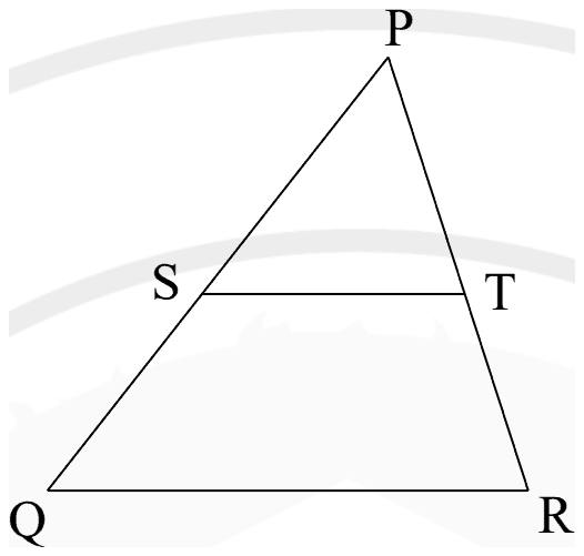 Triangle PQR with P at the top and base QR; S lies on PQ and T on PR, with ST drawn parallel to QR