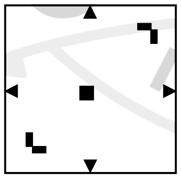 Unfolded square with a step shape at top right, an L shape at bottom left, a small square at the centre