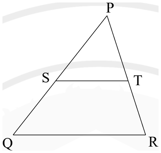 Triangle PQR with apex P at the top and base QR; S on PQ and T on PR, with ST drawn parallel to QR