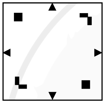 Unfolded square with a filled square at the top left, a stepped notch at the top right, an L-shaped notch at the bottom left