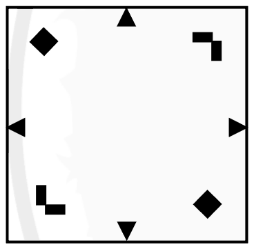 Unfolded square with a diamond at the top left and bottom right, a stepped notch at the top right, an L-shaped notch at the bottom left and triangles at the side midpoints