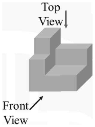 3D structure of grey blocks: a tall block at the back left stepping down to a lower wing on the right, with the front view and top view arrows marked