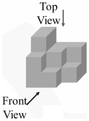 3D structure of grey blocks: a tall block at the back left with a stepped, multi-block lower part on the right, with the front view and top view arrows marked