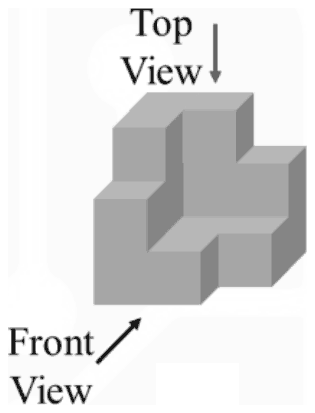 3D structure of grey blocks: a tall block at the back with a wing to the right and a small low block at the front right, with the front view and top view arrows marked