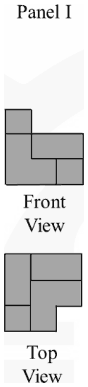 Panel I: the front view above and the top view below of a structure made of grey blocks