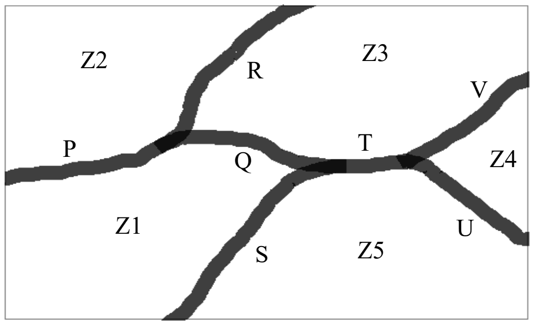 River map: segment P separates Z2 from Z1, R separates Z2 from Z3, Q separates Z3 from Z1, S separates Z1 from Z5, T separates Z3 from Z5, V separates Z3 from Z4 and U separates Z4 from Z5