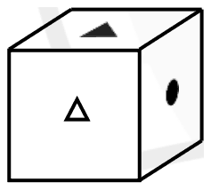 Cube with the open triangle on the front face, a filled triangle on top and a filled circle on the right face