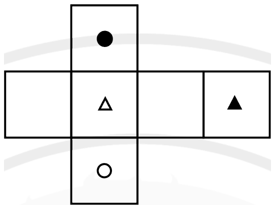 A cross-shaped net of six squares: a middle row of four squares, blank, open triangle, blank, filled triangle; a filled circle above the open-triangle square and an open circle below it