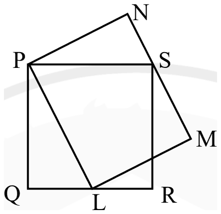 Square PQRS with P top left, Q bottom left, R bottom right and S top right; rectangle PLMN with L on side QR, M outside the square to the right, and side MN passing through S, with N above the square