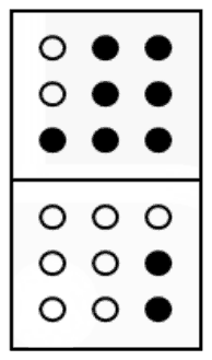 Two stacked tiles; filled dot = 1: top tile rows 011, 011, 111; bottom tile rows 000, 001, 001