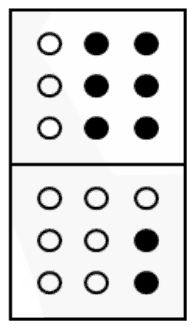 Two stacked tiles; filled dot = 1: top tile rows 011, 011, 011; bottom tile rows 000, 001, 001