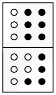 Two stacked tiles; filled dot = 1: top tile rows 011, 011, 011; bottom tile rows 001, 001, 011