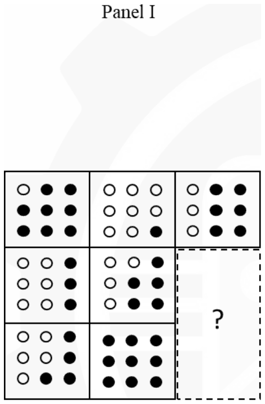 A 3 by 3 arrangement of tiles, each a 3 by 3 pattern of filled and empty dots, with the two right-hand tiles of the lower rows missing