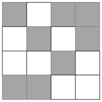 A 4 by 4 grid with shaded cells (1 = shaded) rows 1011, 0101, 0010, 1100