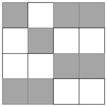 A 4 by 4 grid with shaded cells (1 = shaded) rows 1011, 0100, 0011, 1100