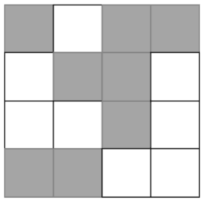 A 4 by 4 grid with shaded cells (1 = shaded) rows 1011, 0110, 0010, 1100
