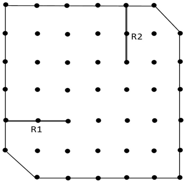 A 7 by 7 grid of poles fenced as a square with the top-right and bottom-left corners cut off diagonally; rope R1 runs in from the left side and rope R2 hangs down from the top side