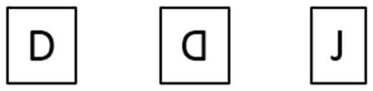 Three square plates showing the letter D, an upside-down D and the letter J