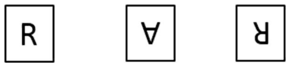 Three square plates showing the letter R, an upside-down A and an upside-down R