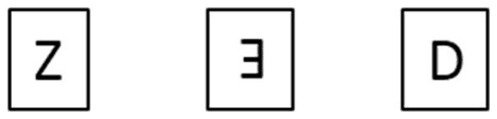 Three square plates showing the letter Z, an upside-down E and the letter D