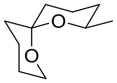 2-Methyl-1,7-dioxaspiro[5.5]undecane chair drawing with the methyl equatorial and the second ring oxygen axial at the spiro carbon