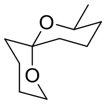 2-Methyl-1,7-dioxaspiro[5.5]undecane chair drawing with the methyl axial and the second ring oxygen axial at the spiro carbon