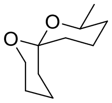 2-Methyl-1,7-dioxaspiro[5.5]undecane chair drawing with the methyl axial and the second ring oxygen equatorial at the spiro carbon