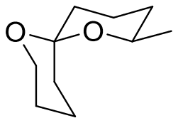 2-Methyl-1,7-dioxaspiro[5.5]undecane chair drawing with the methyl equatorial and the second ring oxygen equatorial at the spiro carbon
