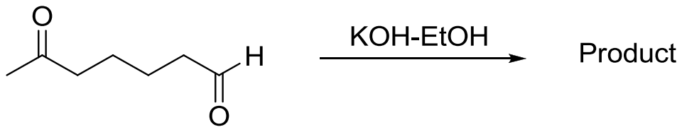 6-Oxoheptanal, CH3CO(CH2)4CHO, treated with KOH-EtOH to give the product