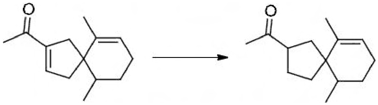 A spiro ketone with a conjugated ring double bond next to the acetyl group and a second ring double bond is converted to the same compound with only the conjugated double bond reduced