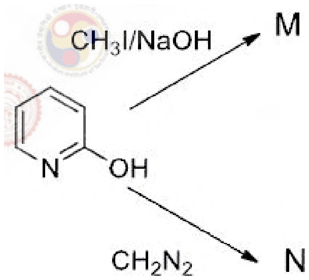 2-Hydroxypyridine treated with CH3I and NaOH gives M, and with CH2N2 gives N